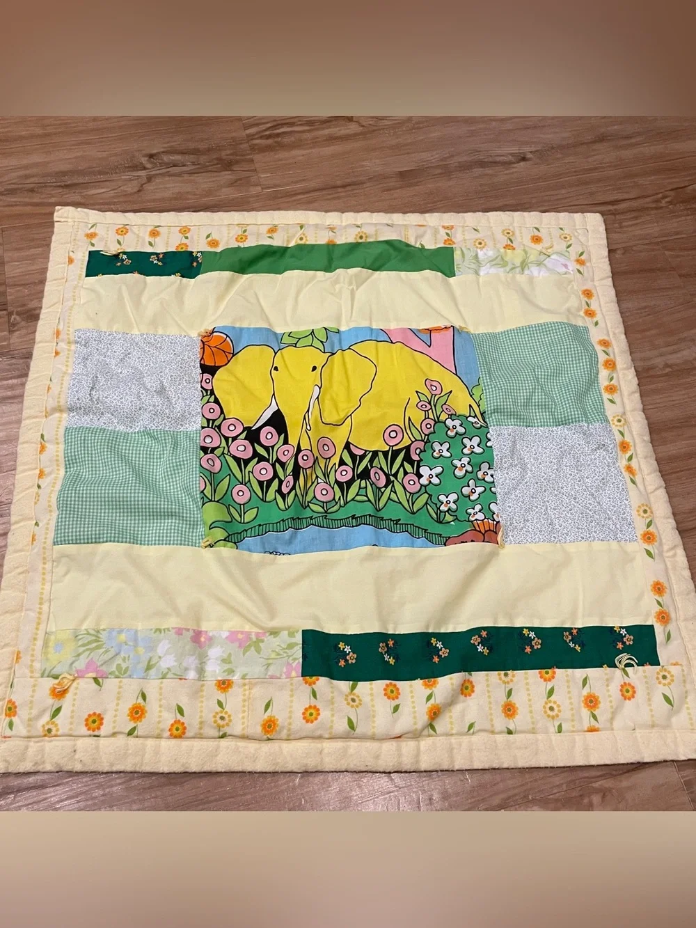 Handmade Baby Quilt Elephant Yellow Gingham Style Blanket 26